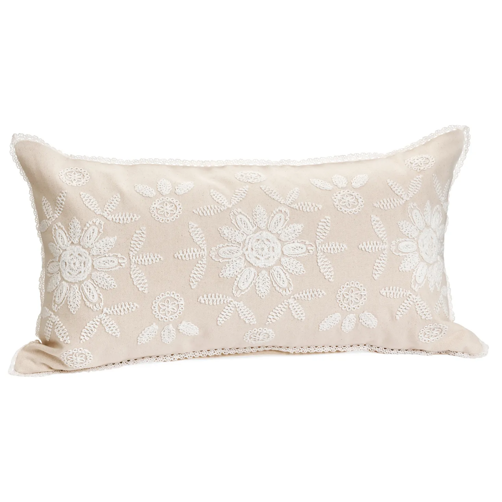 Embroidered Cotton and Lace Natural Cushion - 12x22