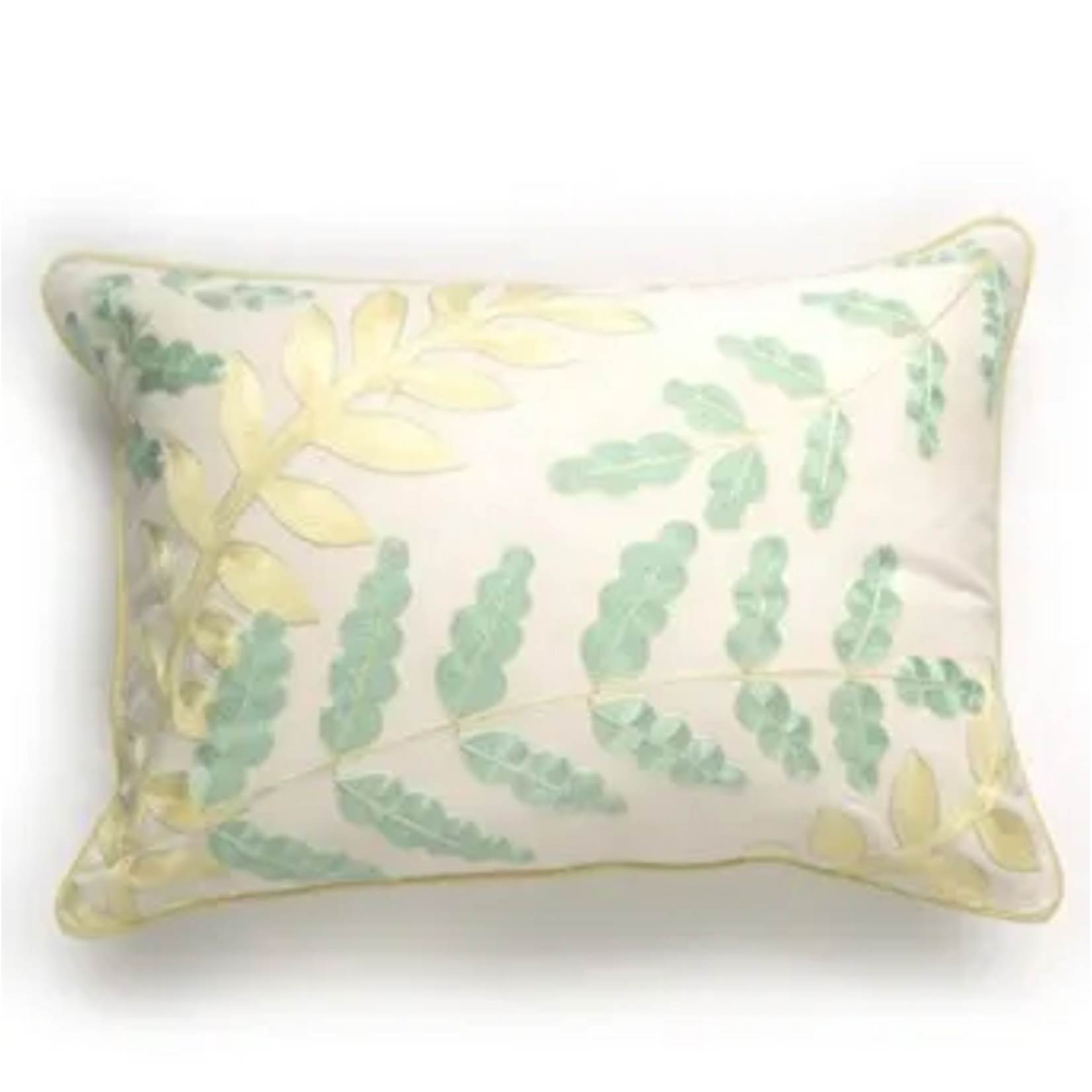 Cream Cushion with Green & Yellow Leaf Embroidery - 14x22
