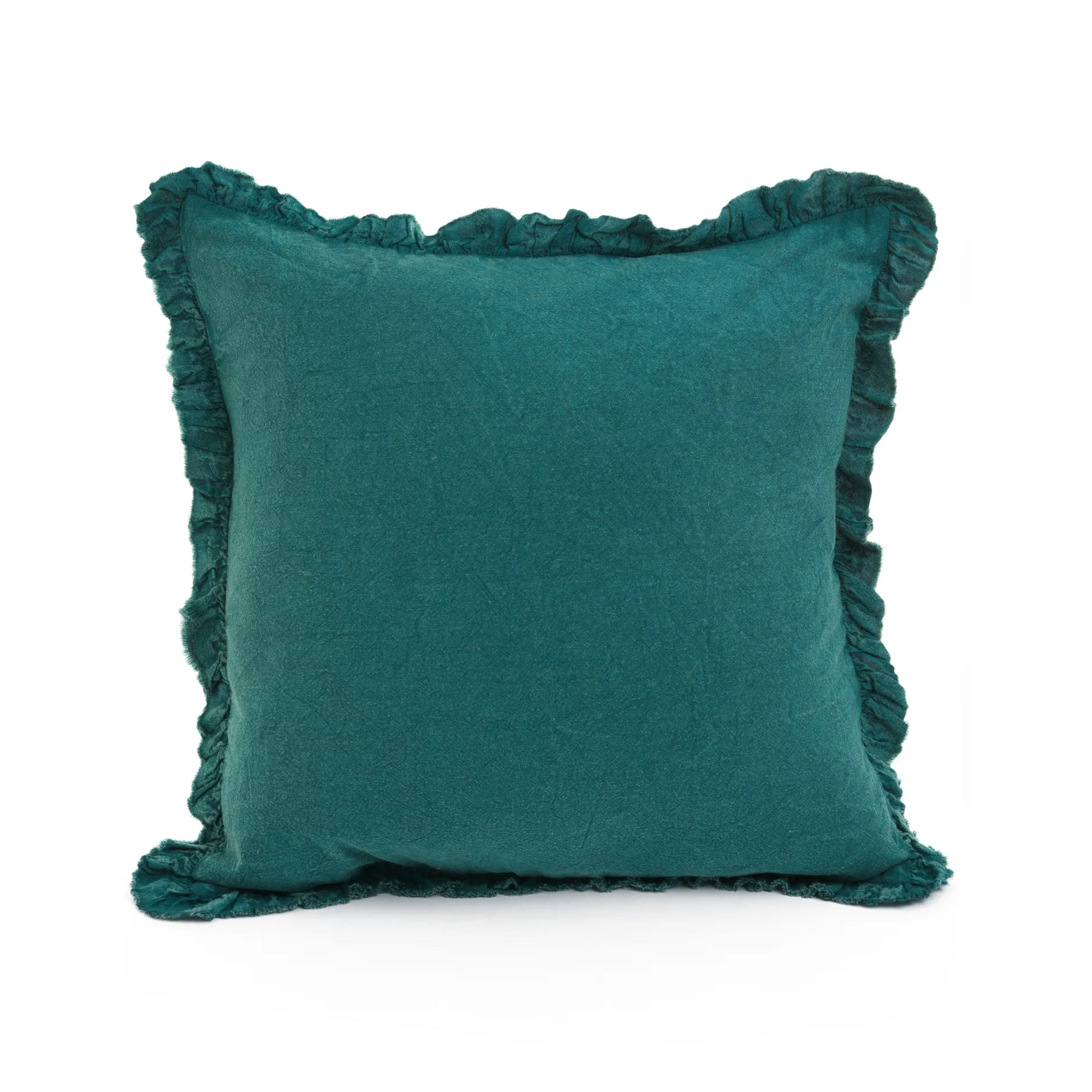 Sand-Washed Teal Cotton Cushion w Pleated Ruffles