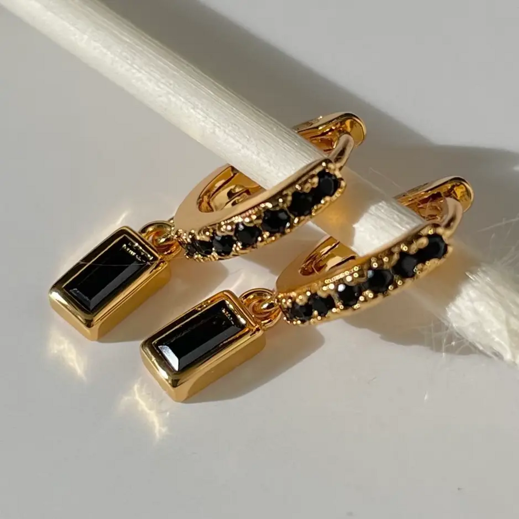 Gold Hoop w Black CZ Drop