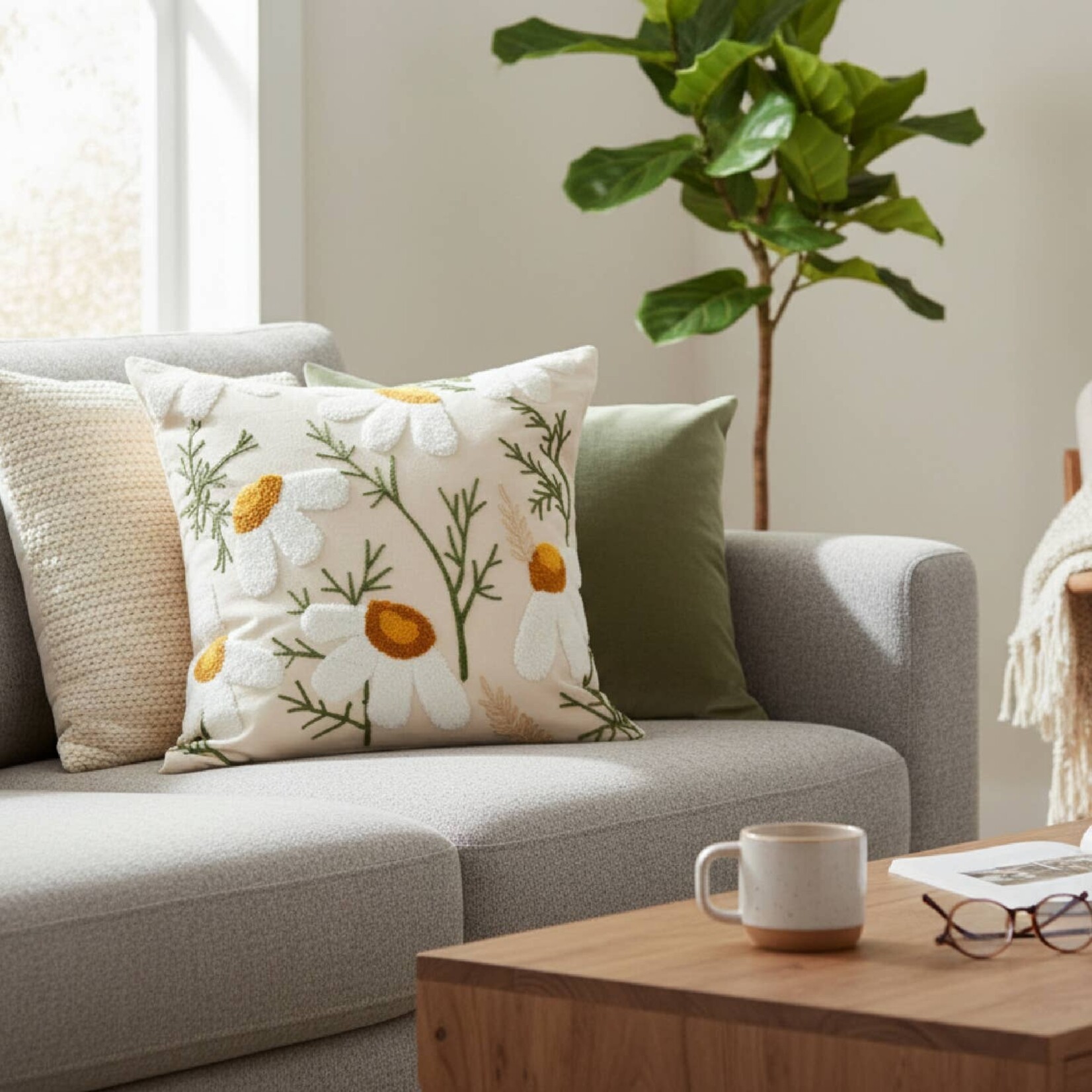Cotton Embroidered Daisy Cushion