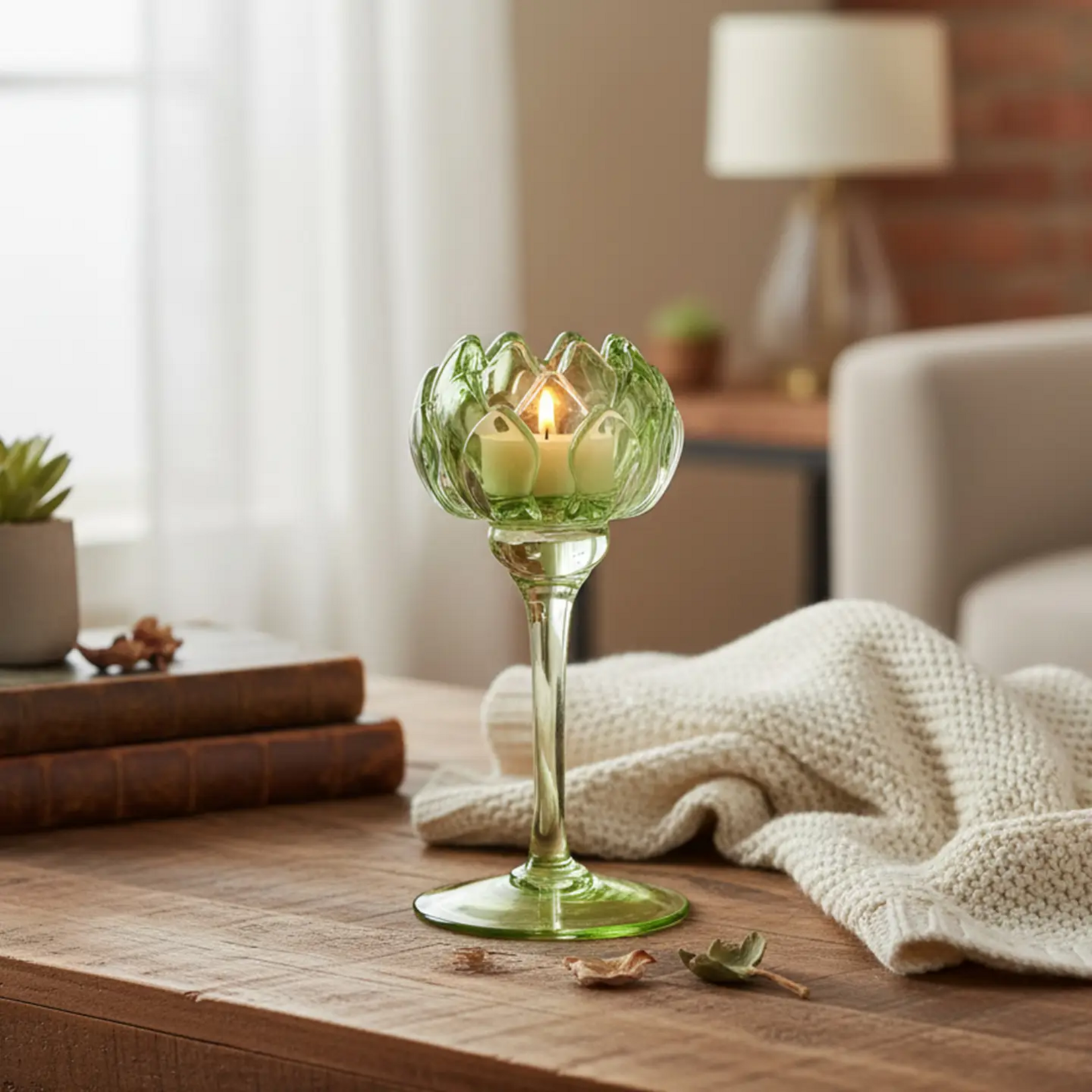 Green Glass Tulip Candle Holder