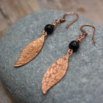 Hammered Copper Leaf Earrings w Onyx