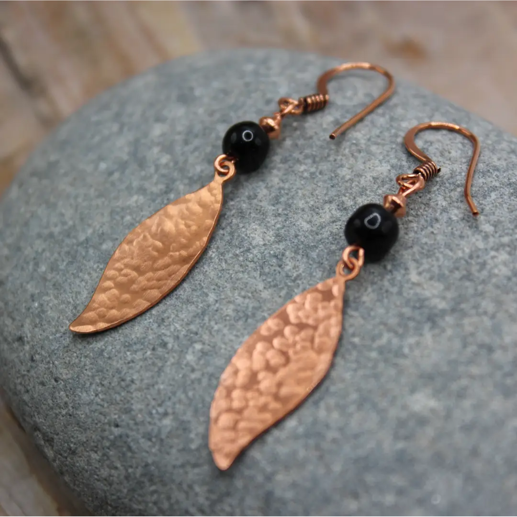 Hammered Copper Leaf Earrings w Onyx