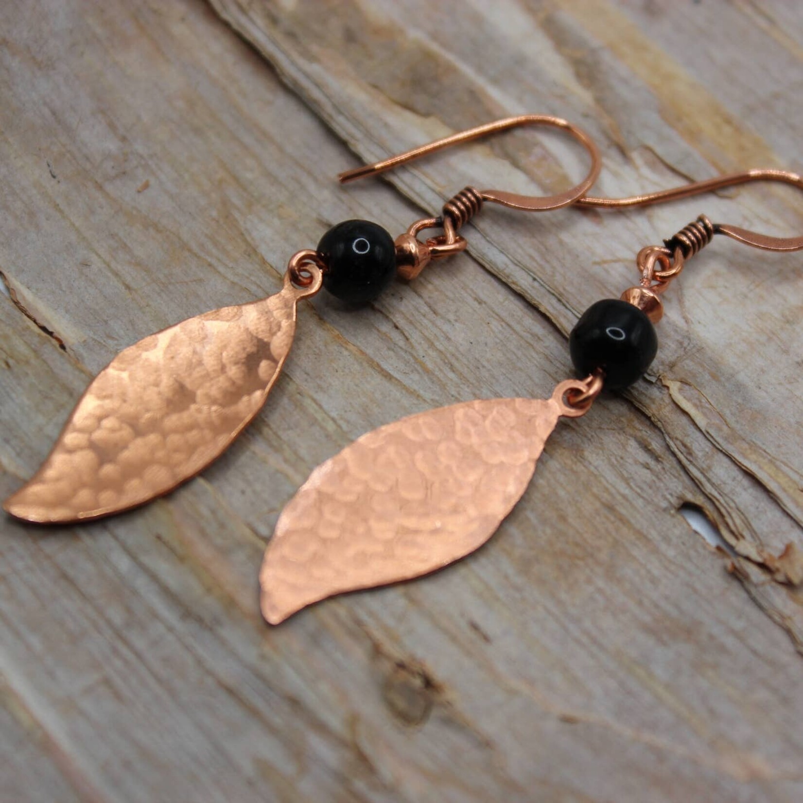 Hammered Copper Leaf Earrings w Onyx