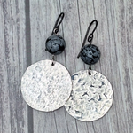 Hammered Silver Disc Earrings w Snowflake Obsidian