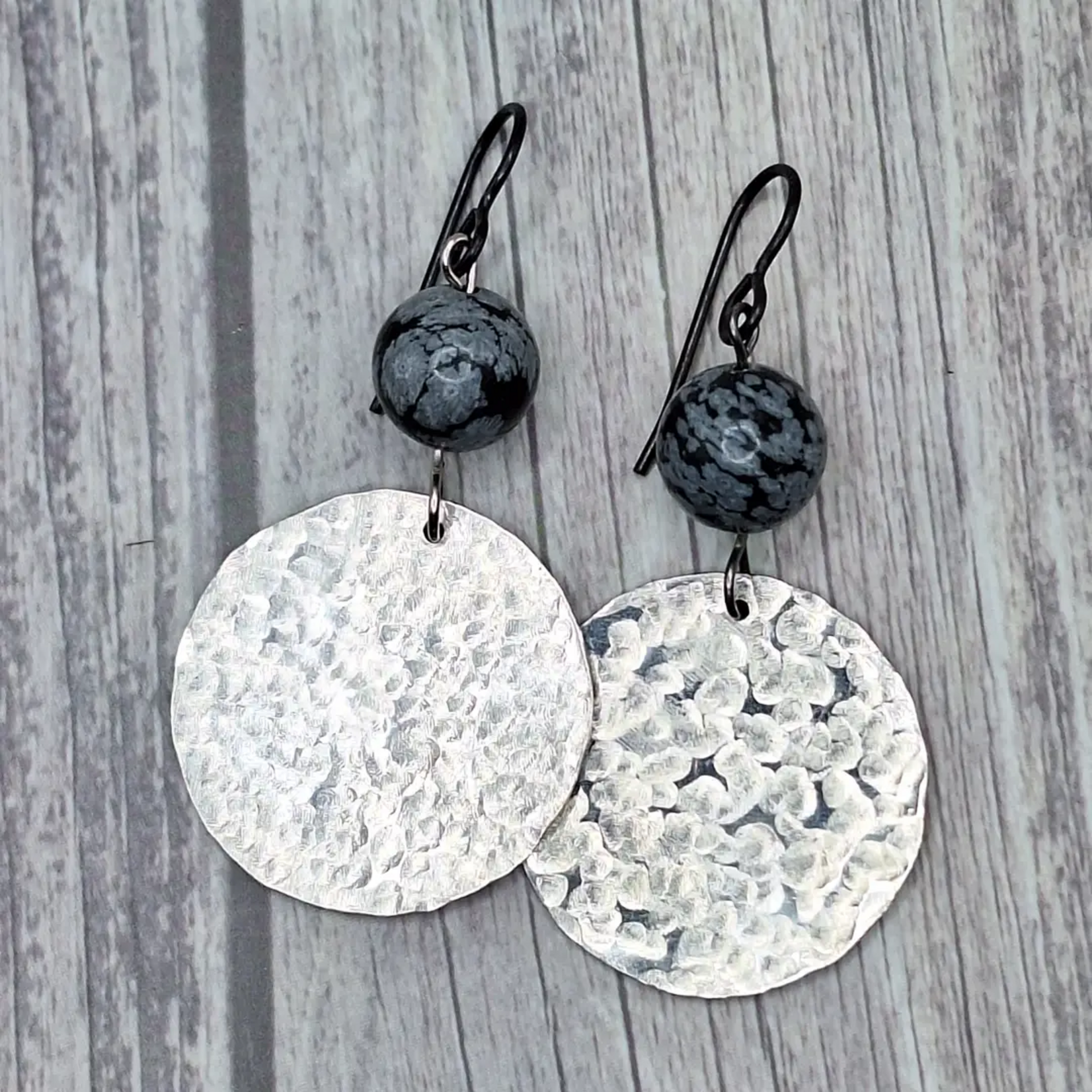Hammered Silver Disc Earrings w Snowflake Obsidian