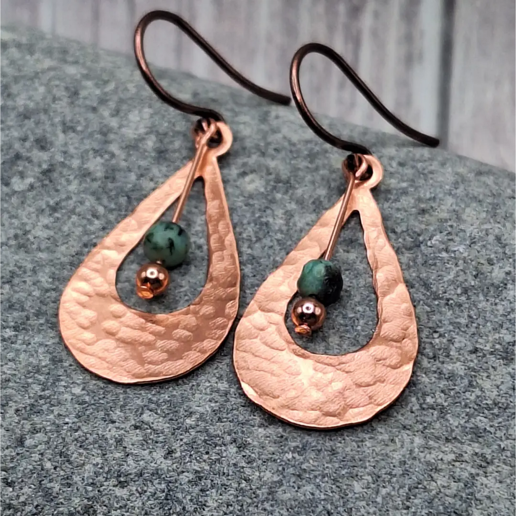 Hammered Copper Teardrop Earrings w African Turquoise