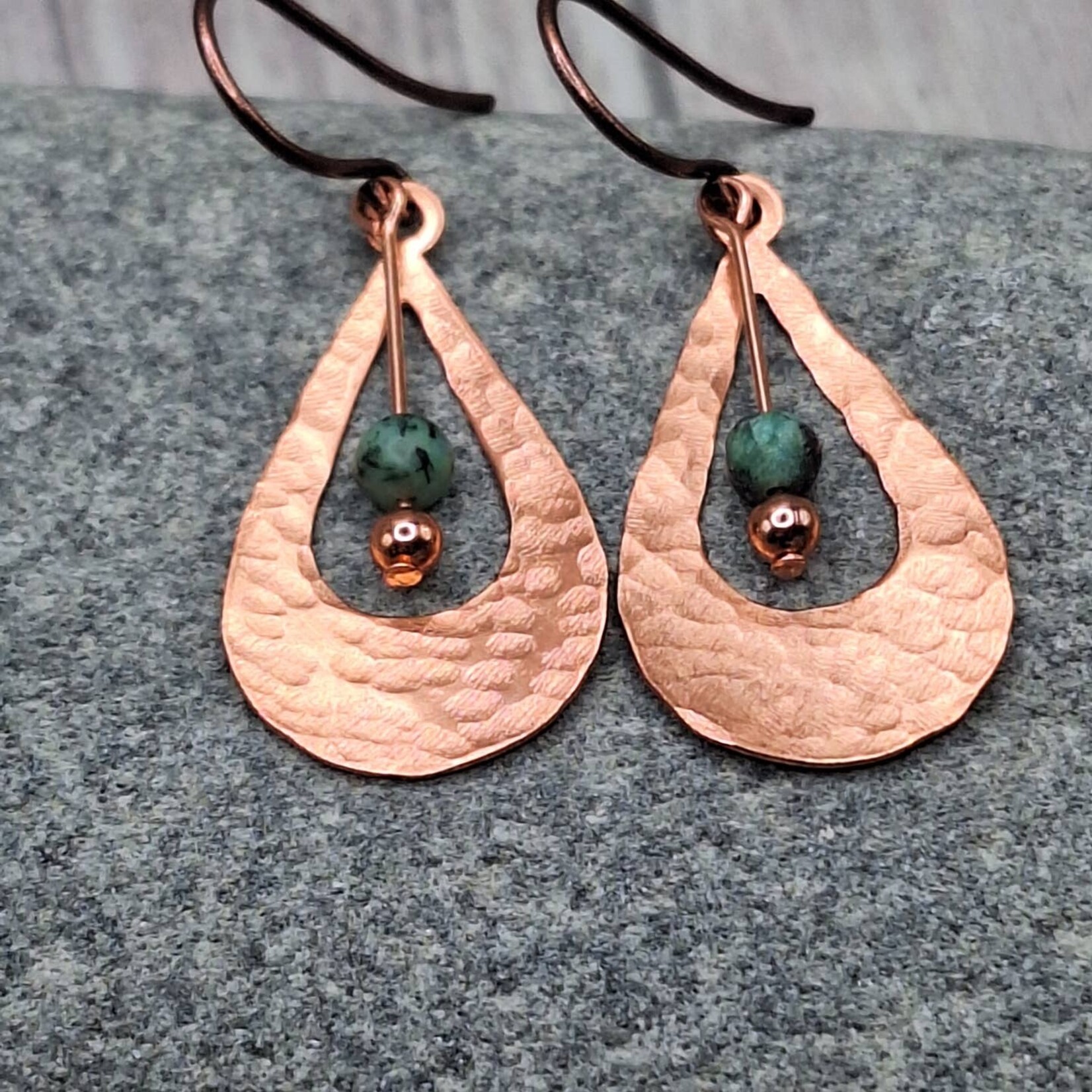 Hammered Copper Teardrop Earrings w African Turquoise
