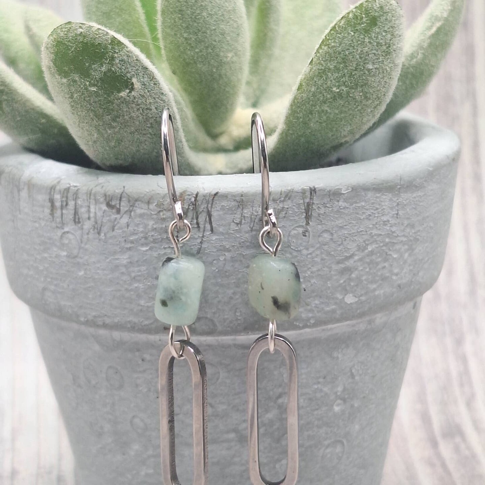 Silver Paperclip Loop Earrings w Sesame Jasper