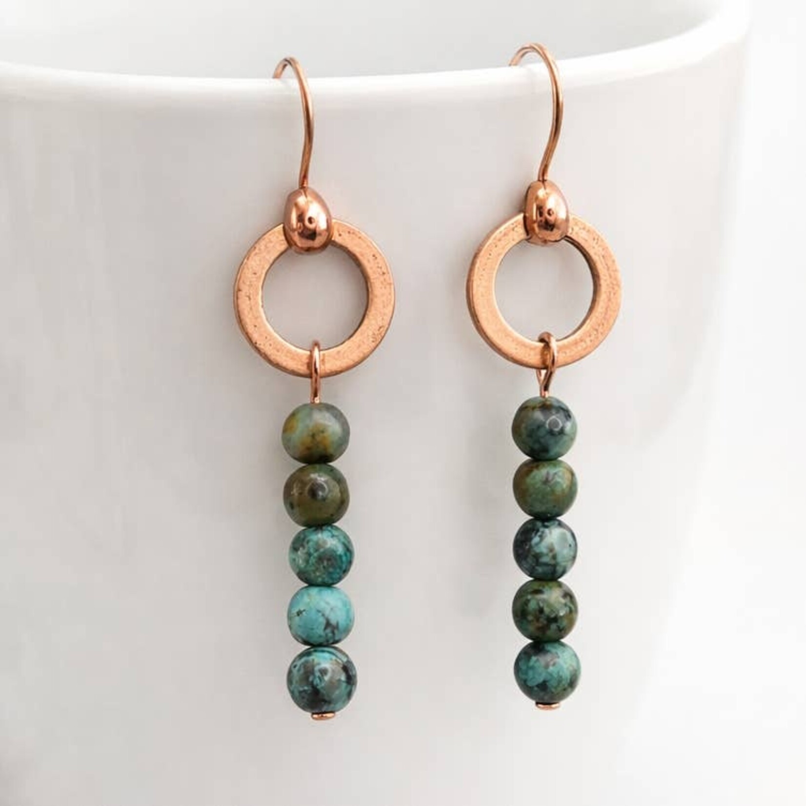 Copper Ring Earrings w African Turquoise Beads