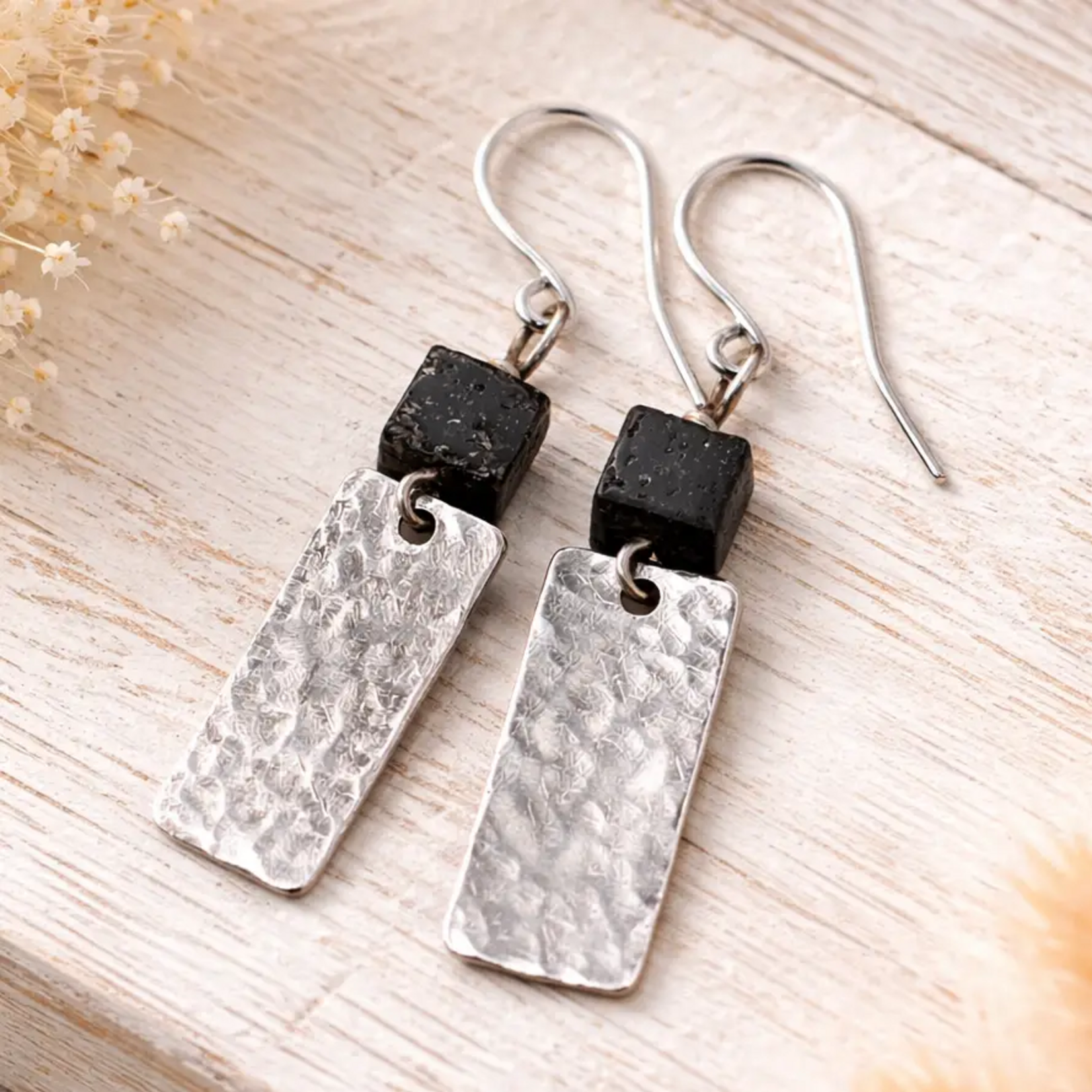 Silver Hammered Rectangle Earrings w Lava Stone