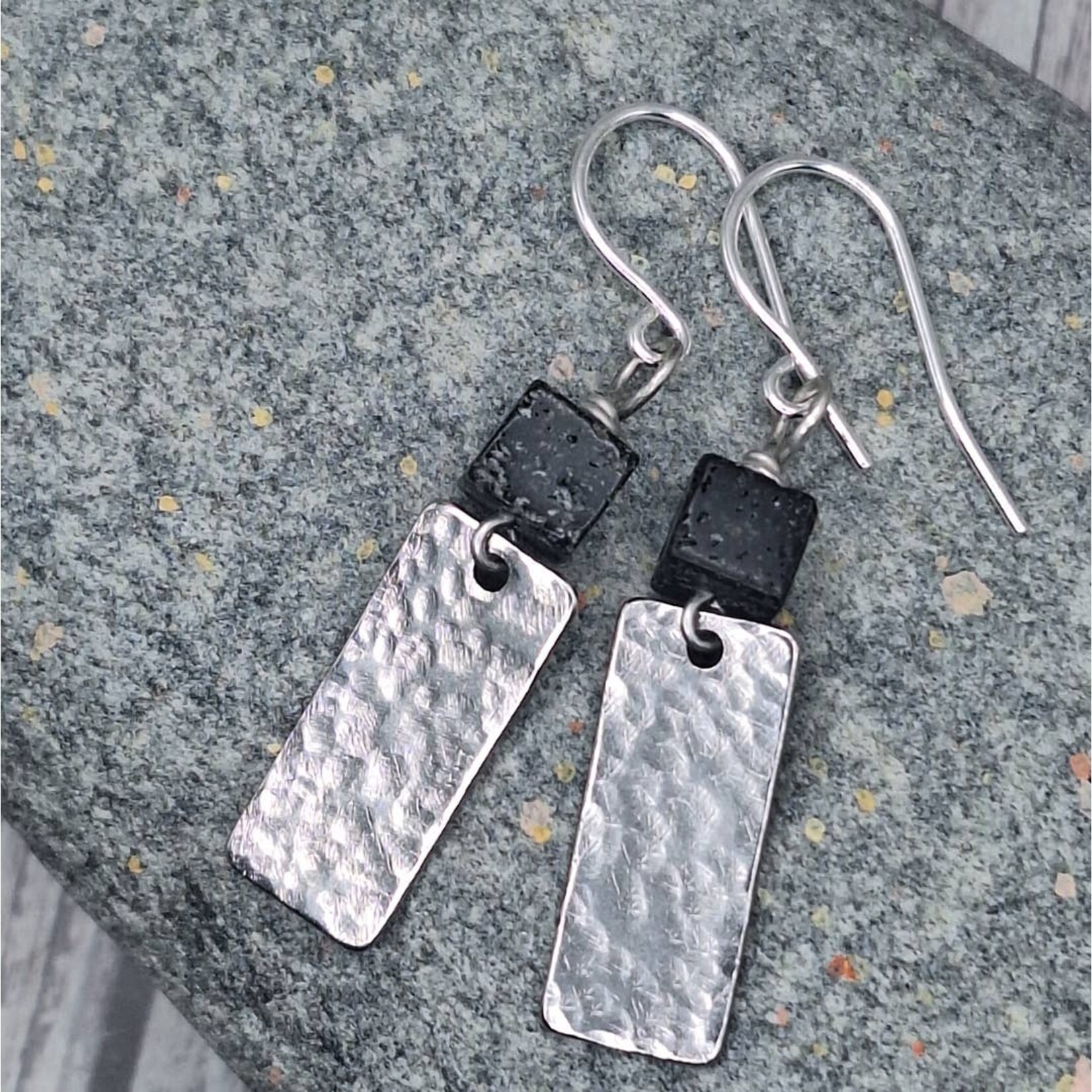 Silver Hammered Rectangle Earrings w Lava Stone