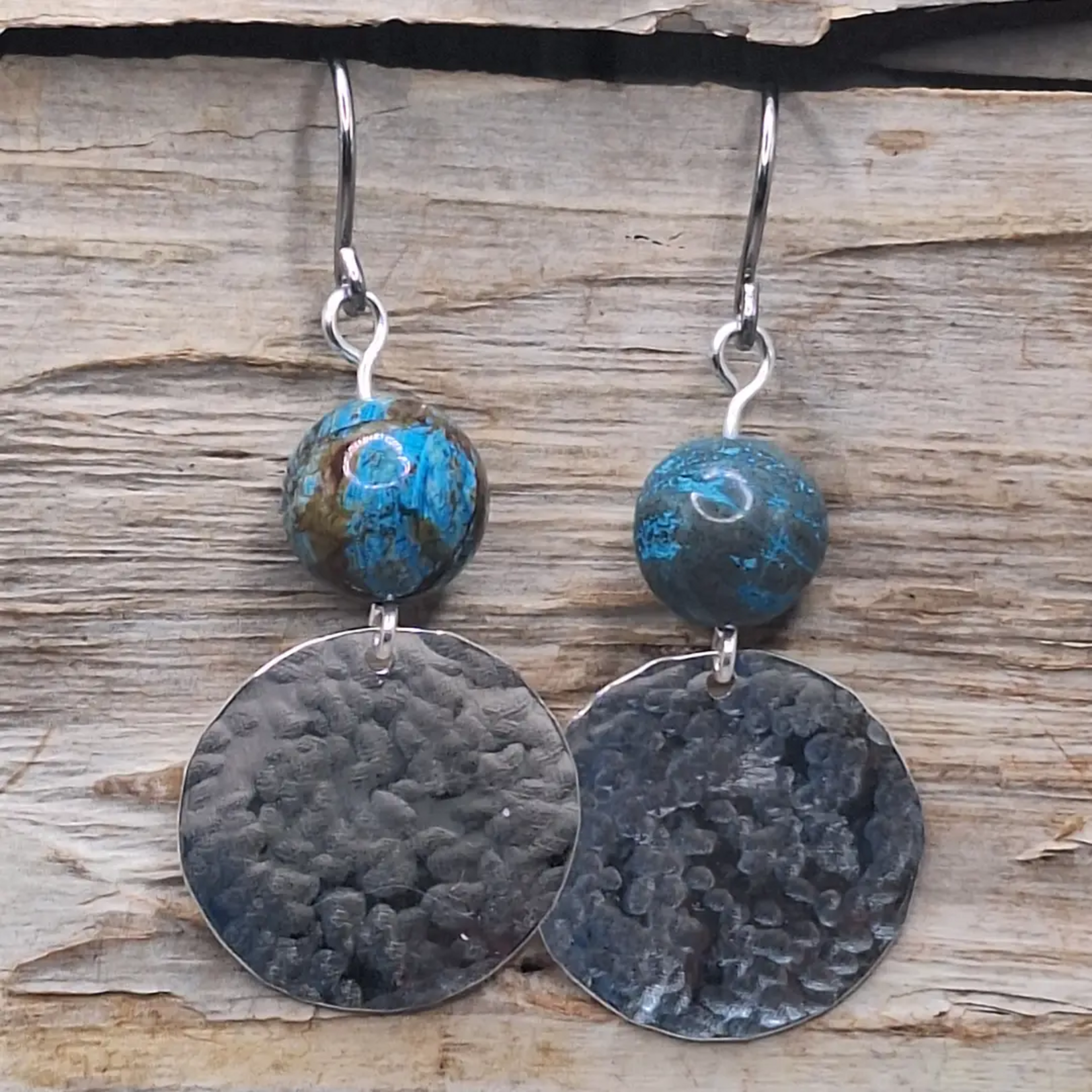 Silver Hammered Disc Earrings w Blue Sky Jasper