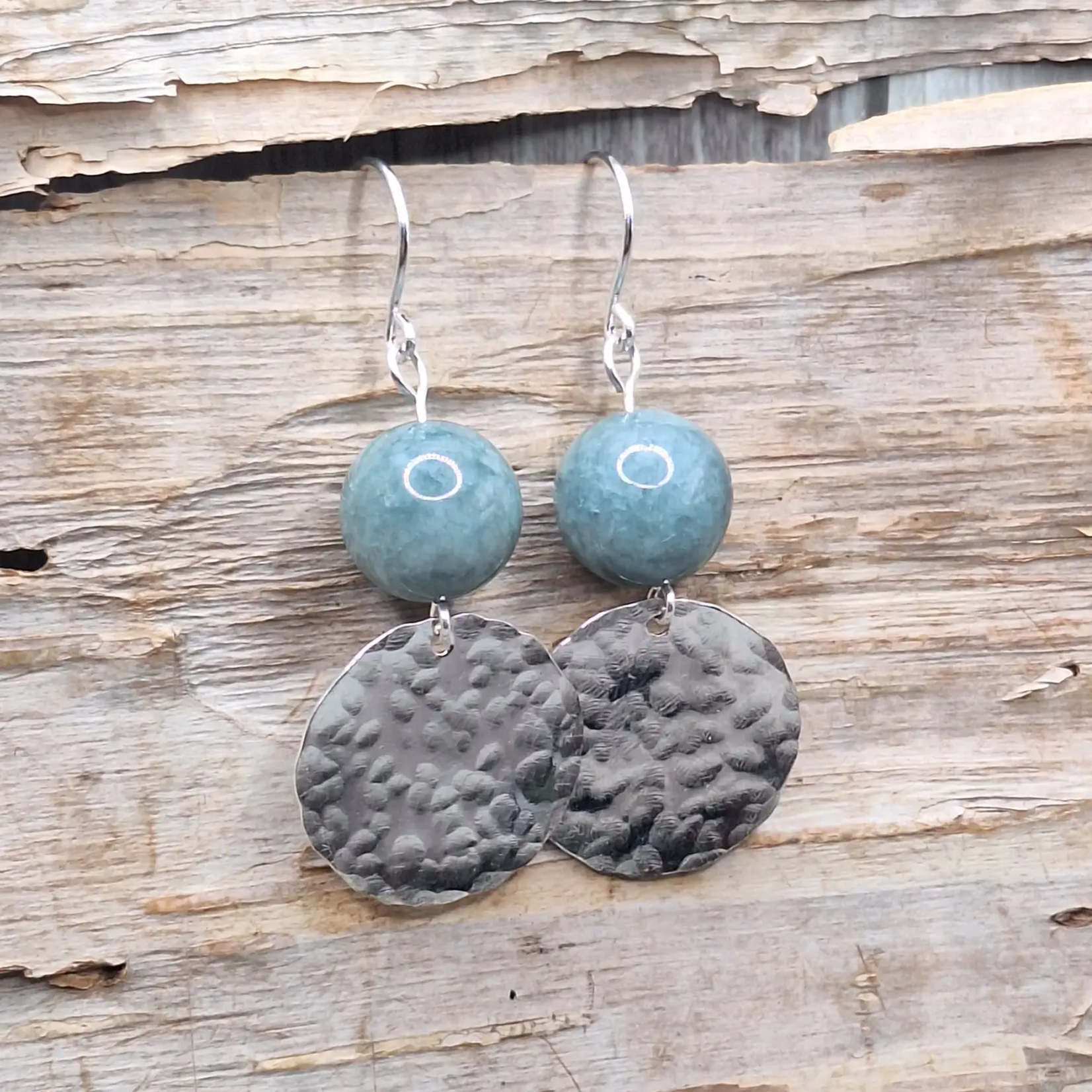 Silver Hammered Disc Earrings w Burmese Jade