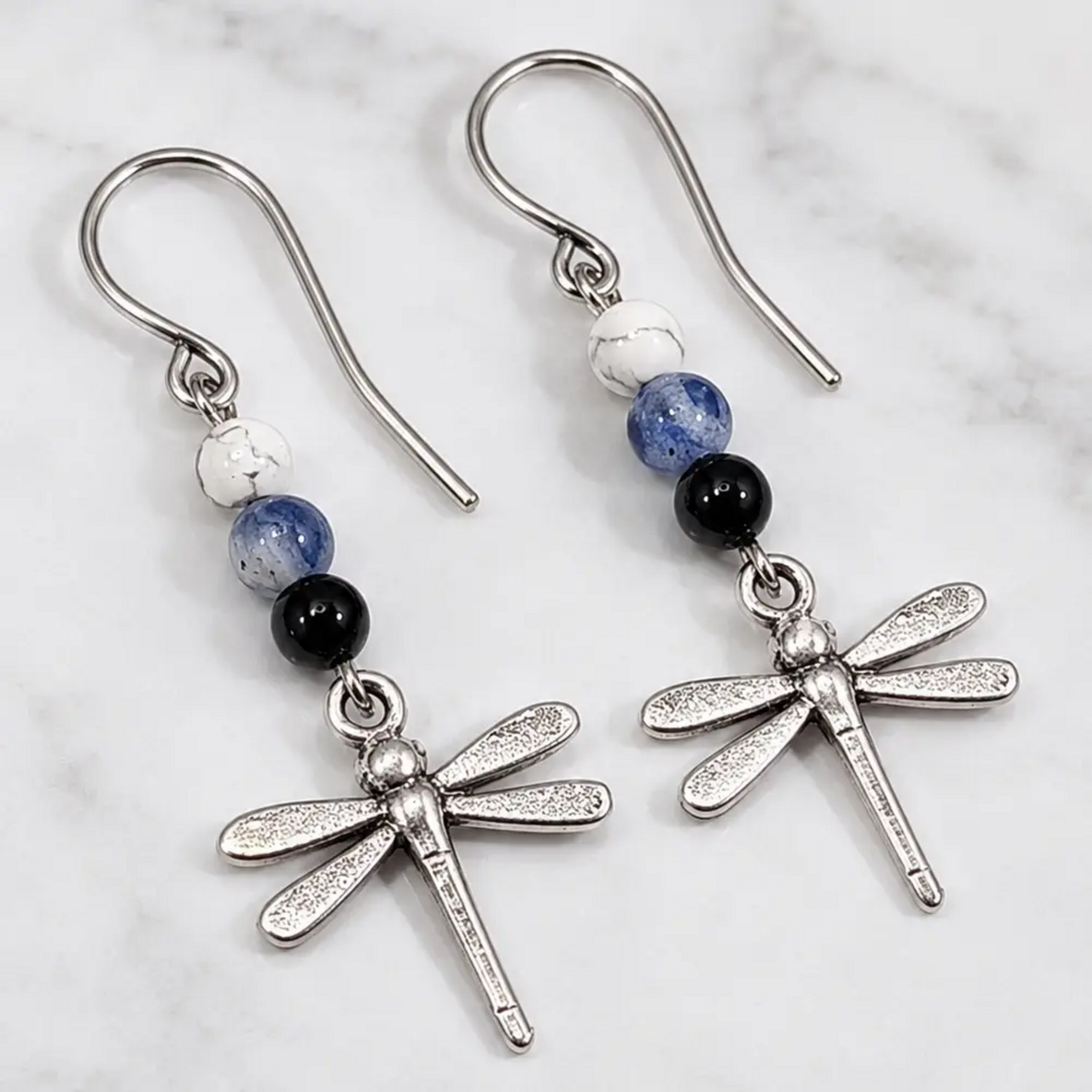 Silver Ombre Howlite, Sodalite & Onyx Dragonfly Earrings