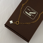 Gold Paperclip Necklace w MOP Clover