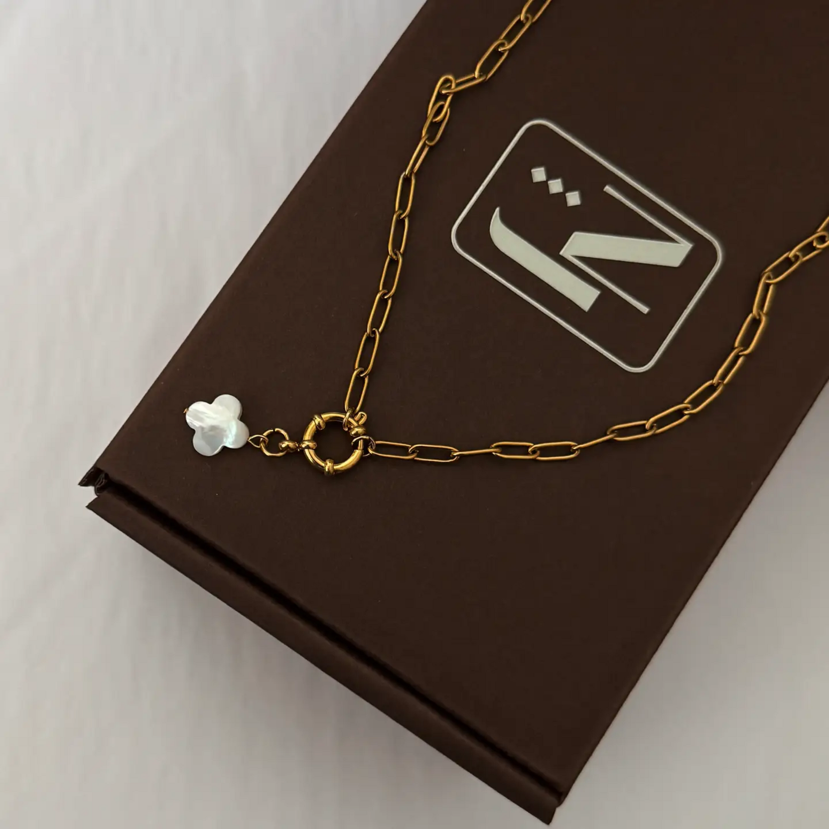 Gold Paperclip Necklace w MOP Clover