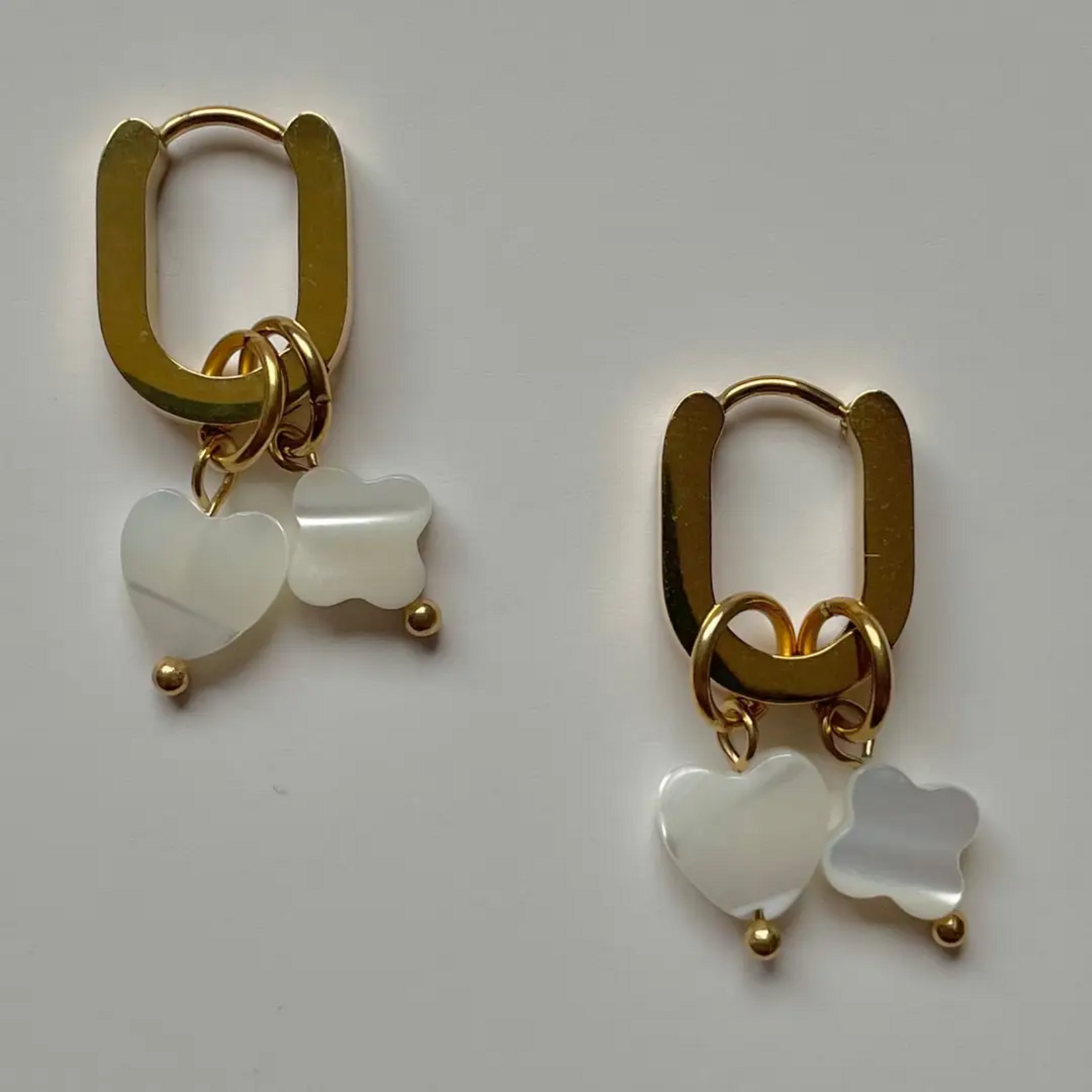 Gold Hoop Earrings w MOP Clover & Heart