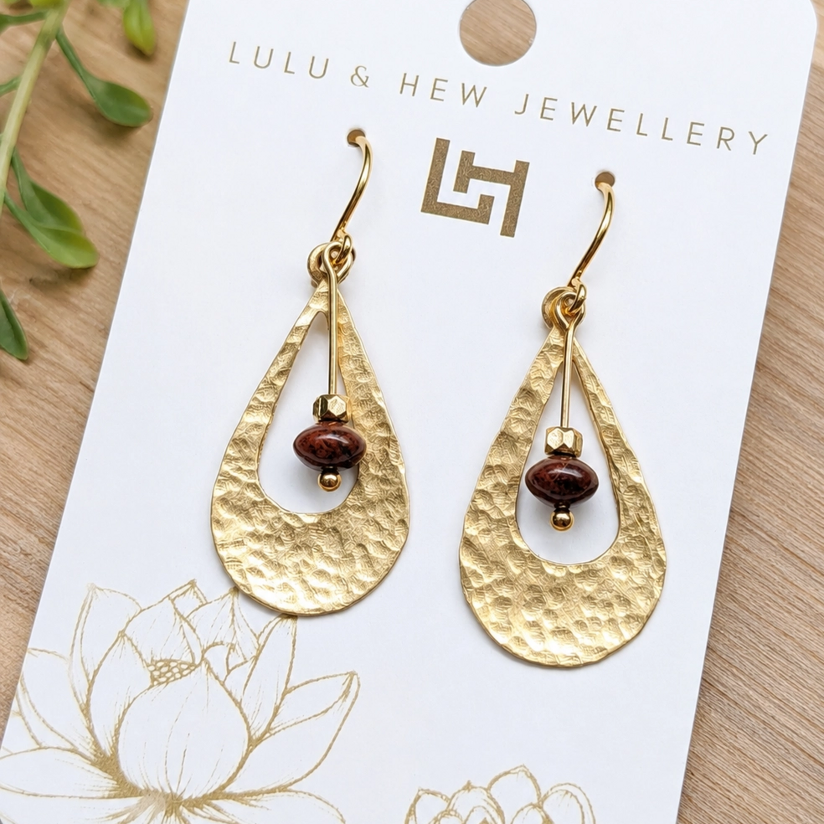 Hammered Gold Brass Teardrop Earrings w Jasper