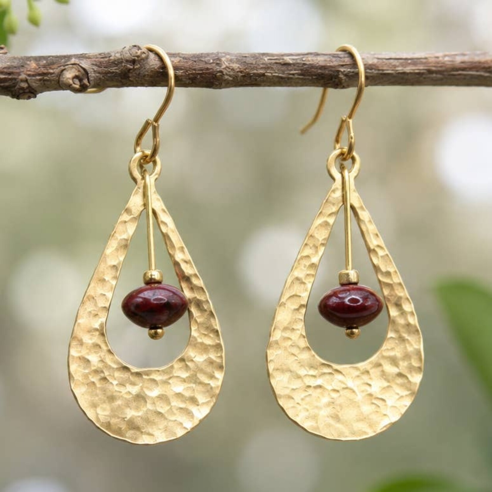 Hammered Gold Brass Teardrop Earrings w Jasper