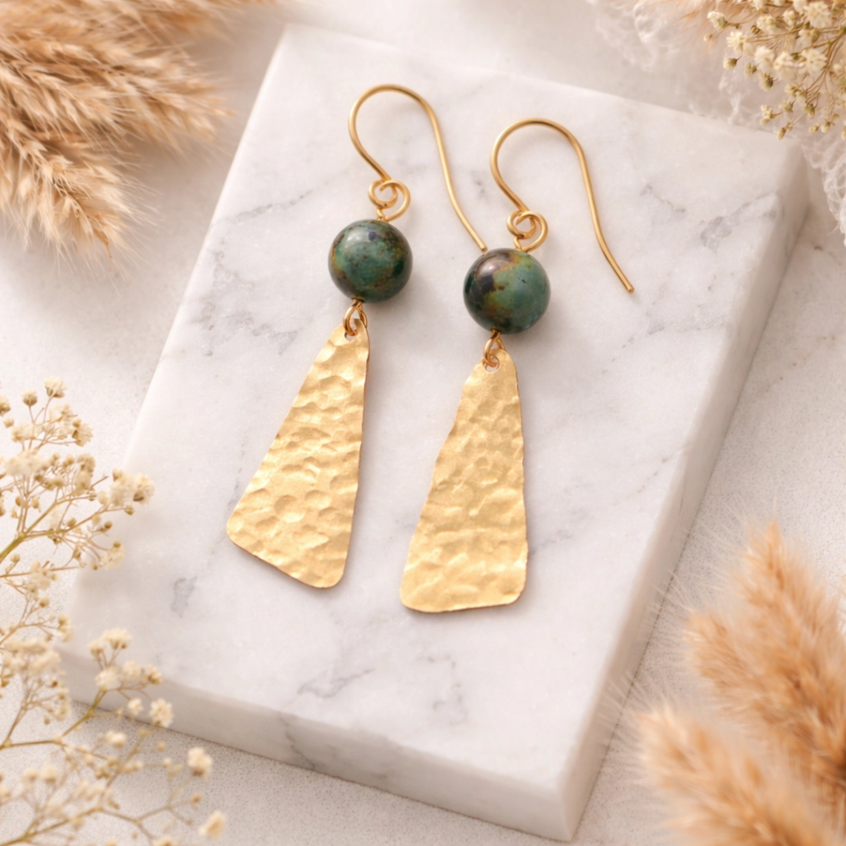 Hammered Gold Brass Earrings w African Turquoise
