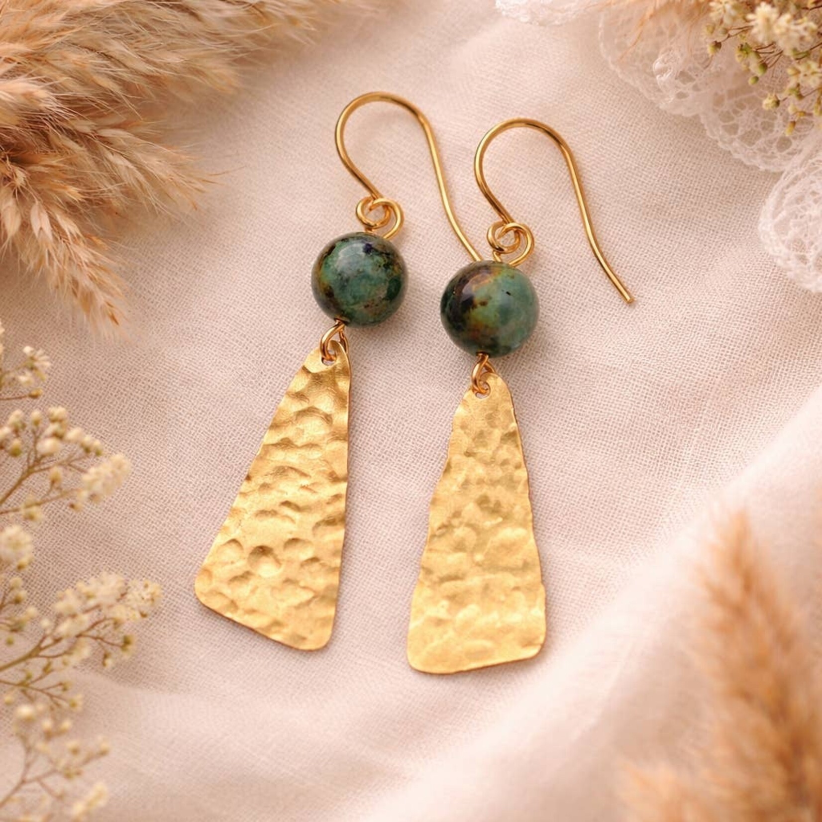 Hammered Gold Brass Earrings w African Turquoise