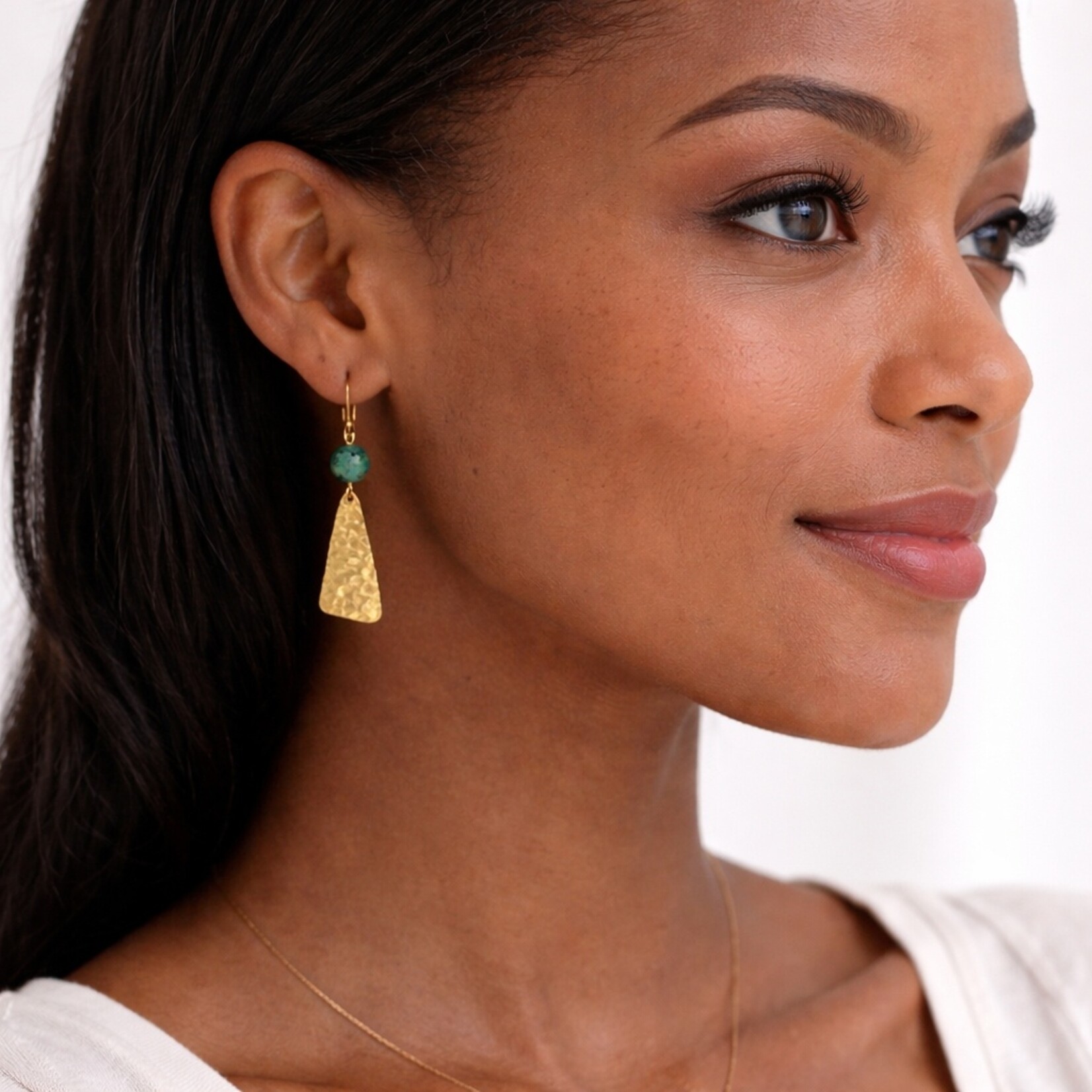 Hammered Gold Brass Earrings w African Turquoise