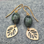 Gold Brass Earrings w Leaf Charm & African Turquoise
