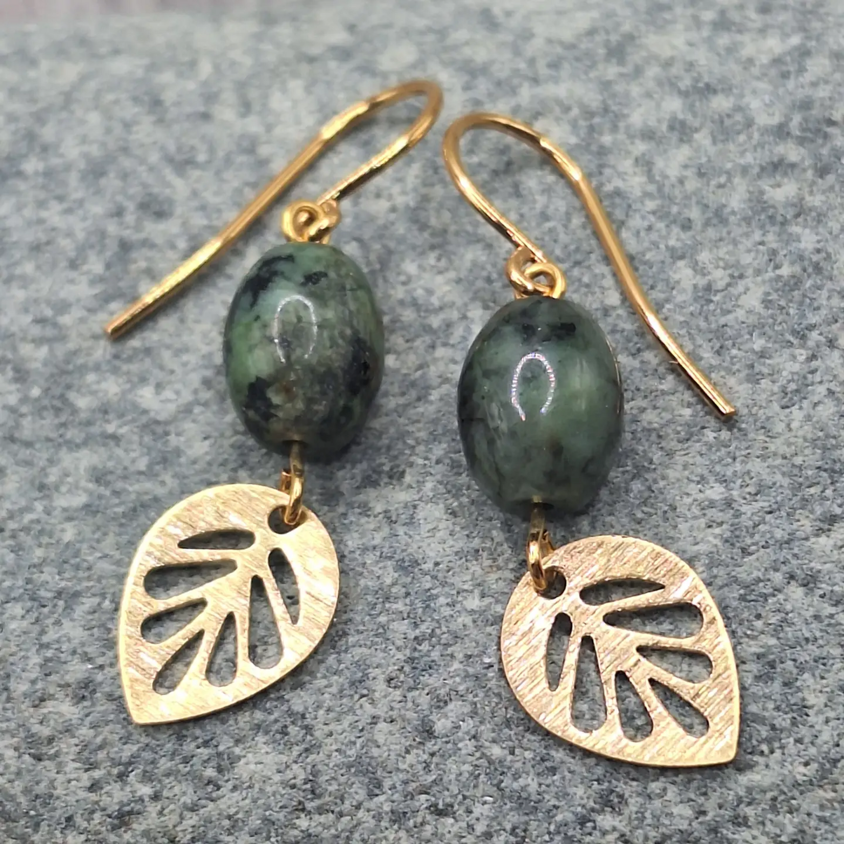 Gold Brass Earrings w Leaf Charm & African Turquoise
