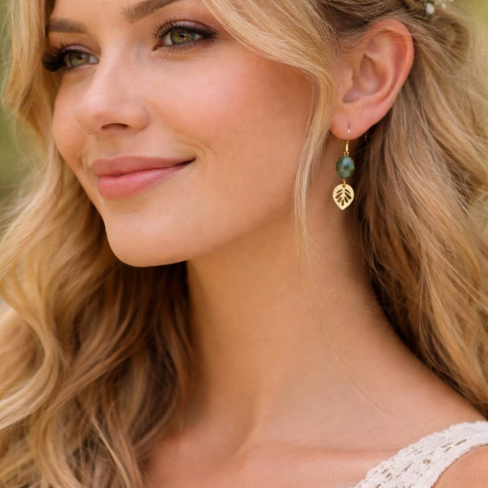Gold Brass Earrings w Leaf Charm & African Turquoise