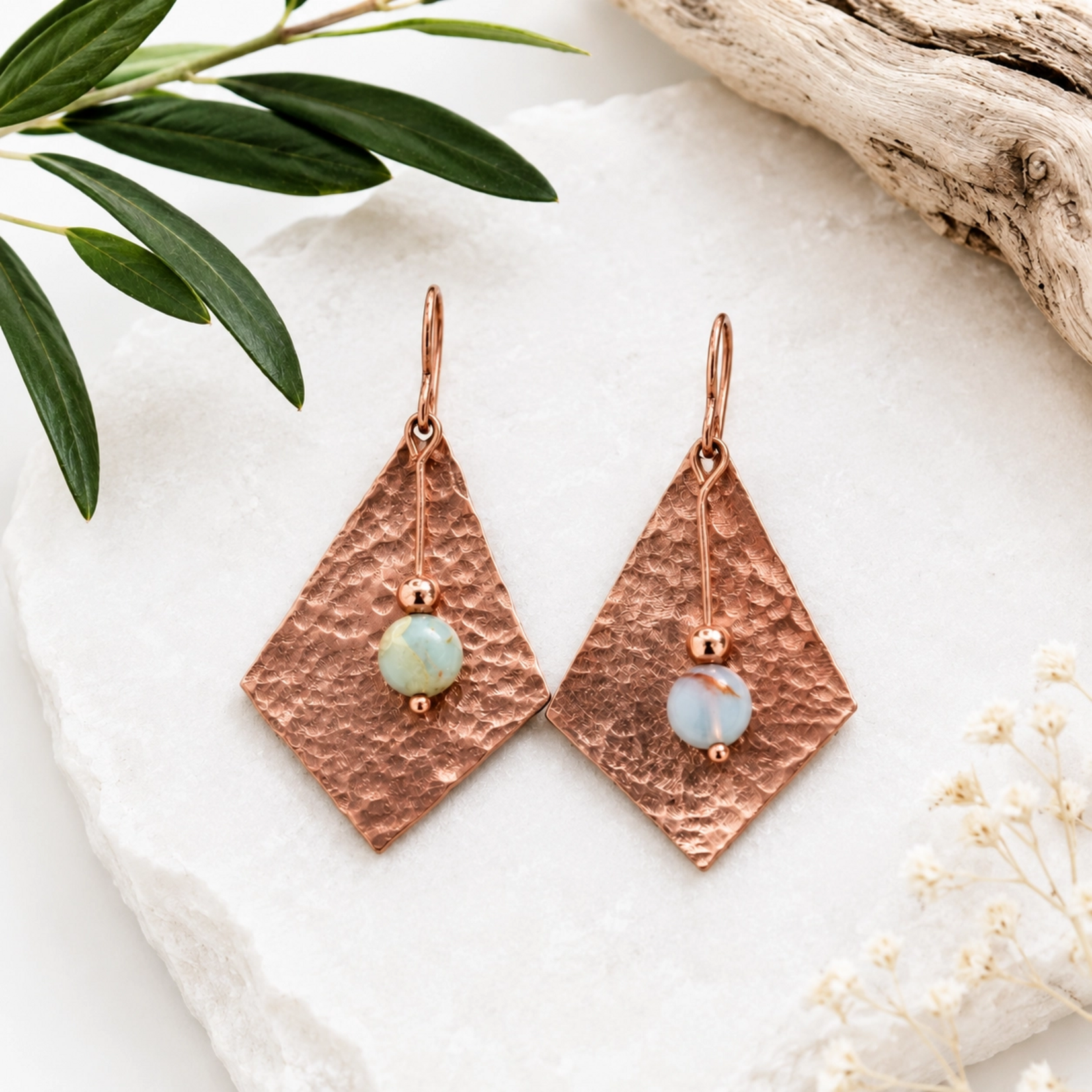 Hammered Copper Diamond Earrings w Aqua Terra Jasper