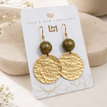 Gold Brass Hammered Disc Earrings w Unakite