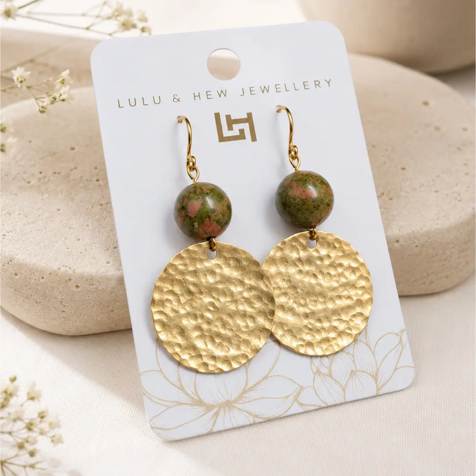 Gold Brass Hammered Disc Earrings w Unakite
