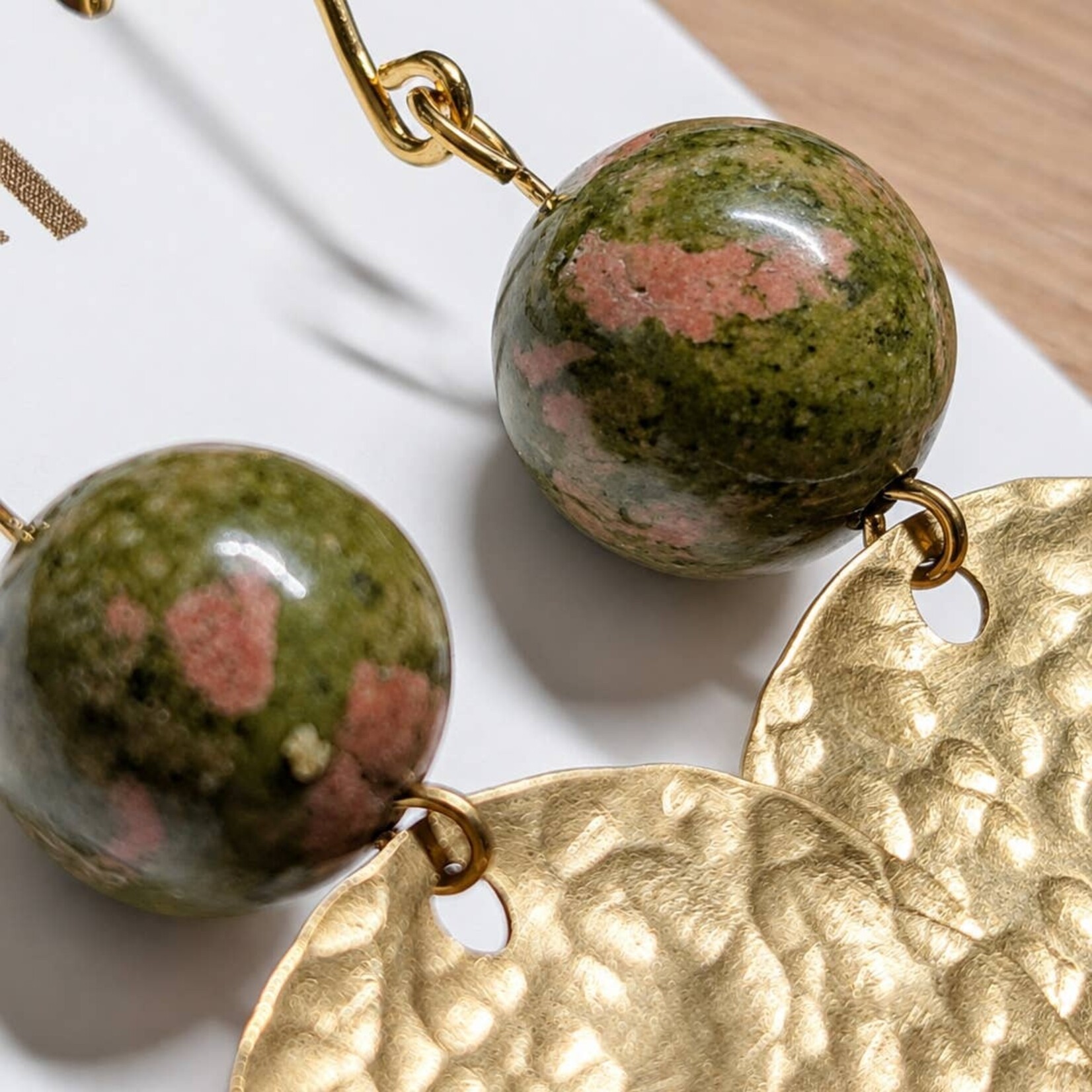 Gold Brass Hammered Disc Earrings w Unakite