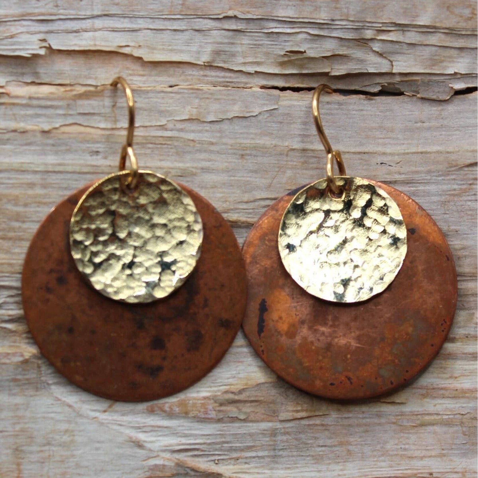 Oxidized Copper & Hammered Gold Brass Disc Earrings
