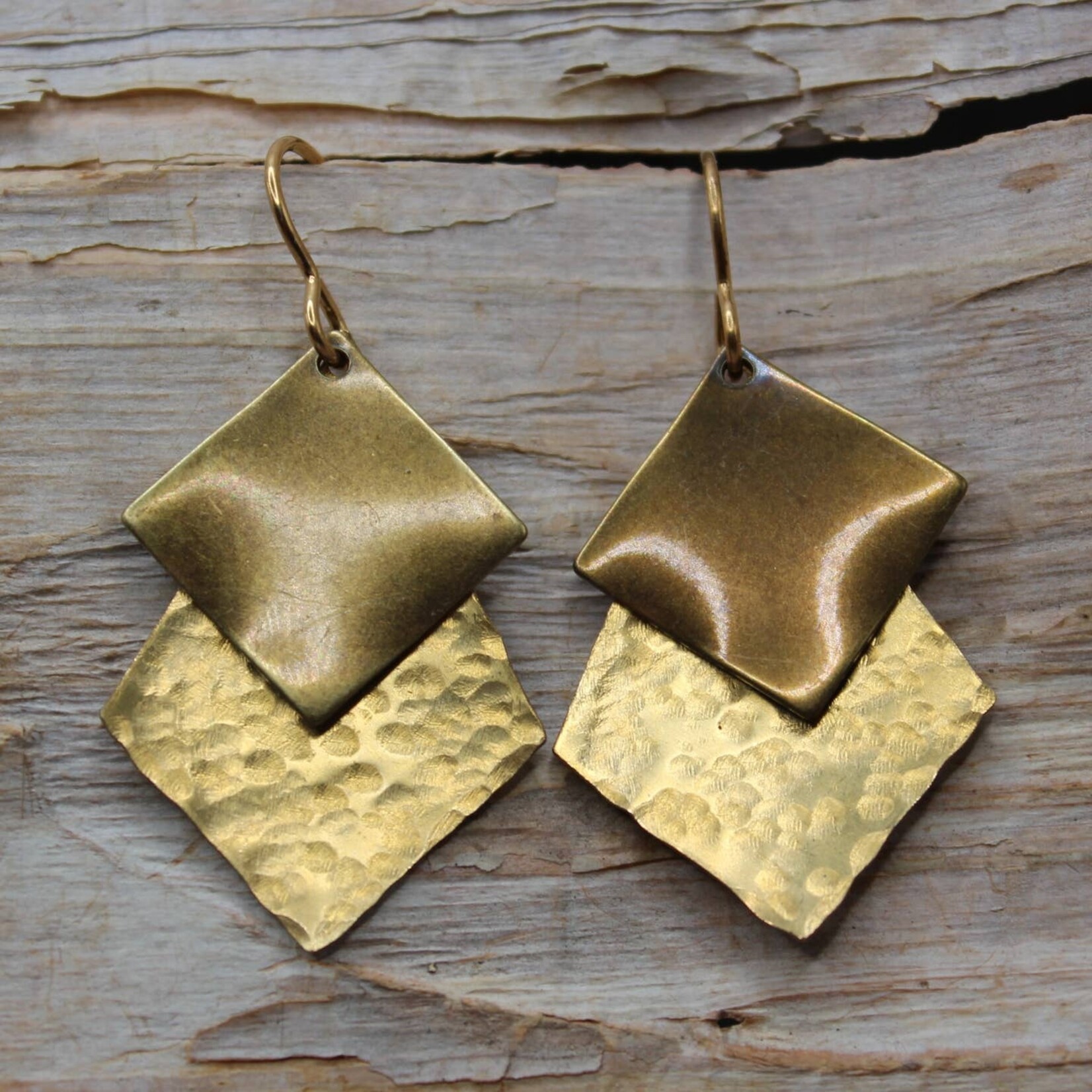 Brass Smooth & Hammered Diamond Earrings