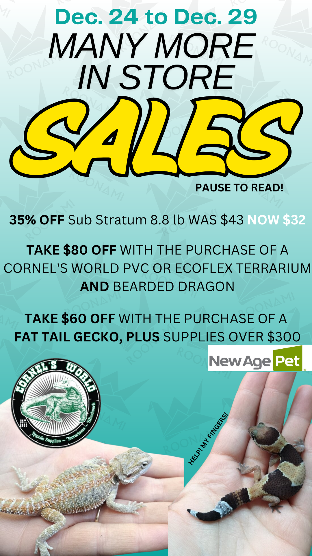 Roonami Reptiles In store sales on geckos