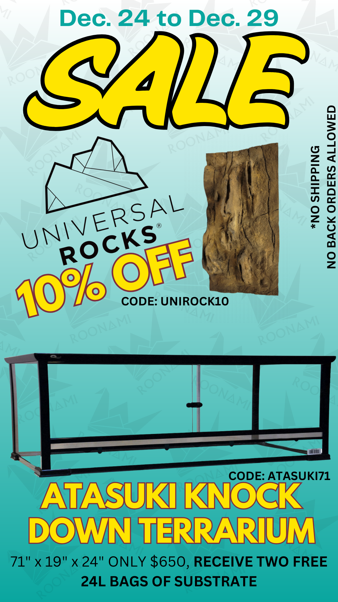 Roonami Reptiles Universal Rock 10 % off sale and Atasuki Get Soil For Free with Applicable Tank Purchase