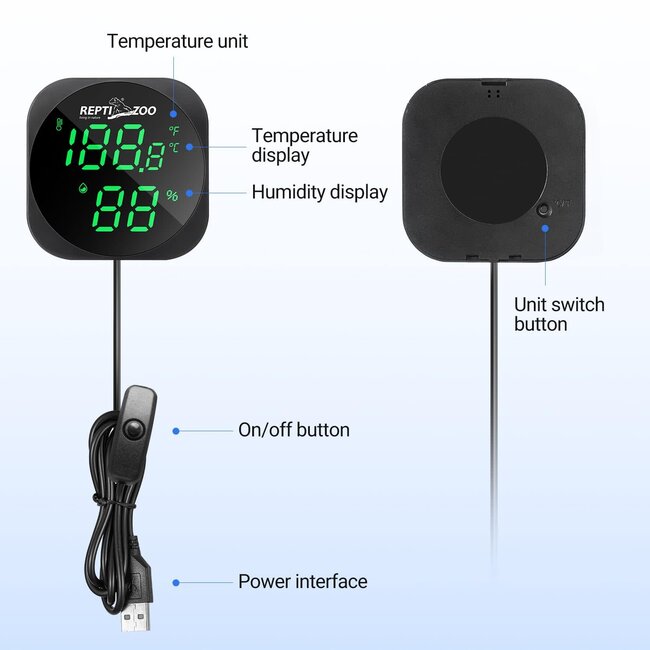 ReptiZoo LED Digital Thermo-Hygrometer with USB