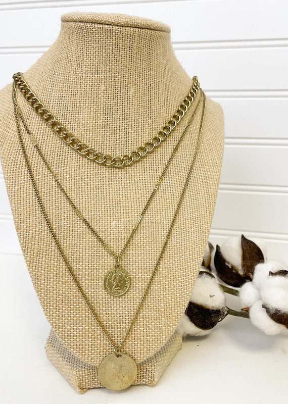 Roxie Chain + Coin Triple Necklace - Bronze