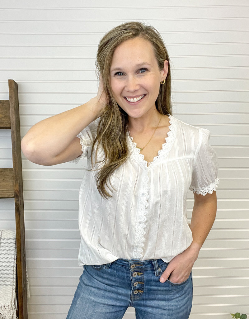 Hayden Alice Lace Button-Down Top - Off White