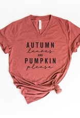 Autumn Leaves and Pumpkin Please V-Neck Graphic Tee - Rust