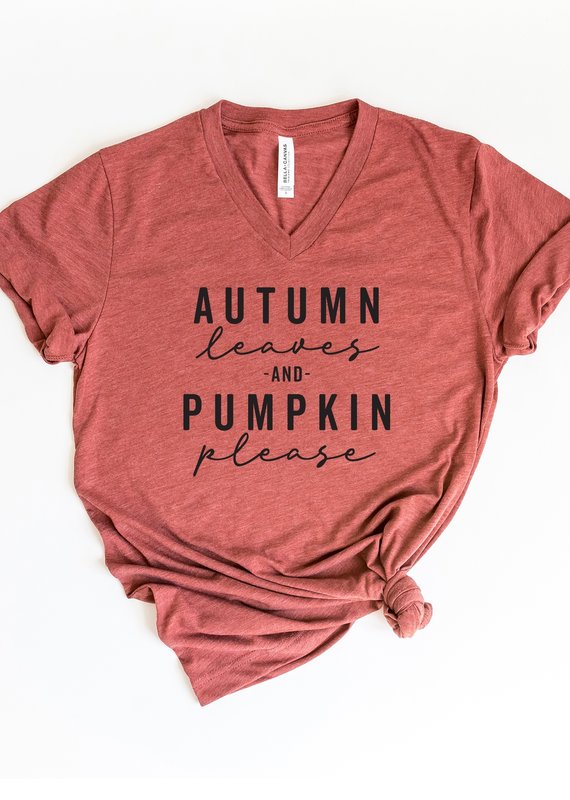 Autumn Leaves and Pumpkin Please V-Neck Graphic Tee - Rust