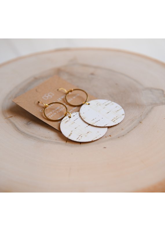 Round Tiered Leather Earrings - White Cork