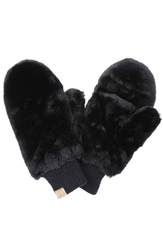 White Faux Fur 'CC' Gloves