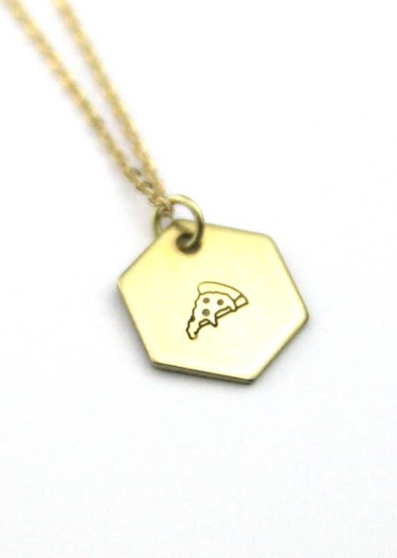 Peachtree Lane Pizza Brass Hand Stamped Hexagon Necklace - FINAL SALE