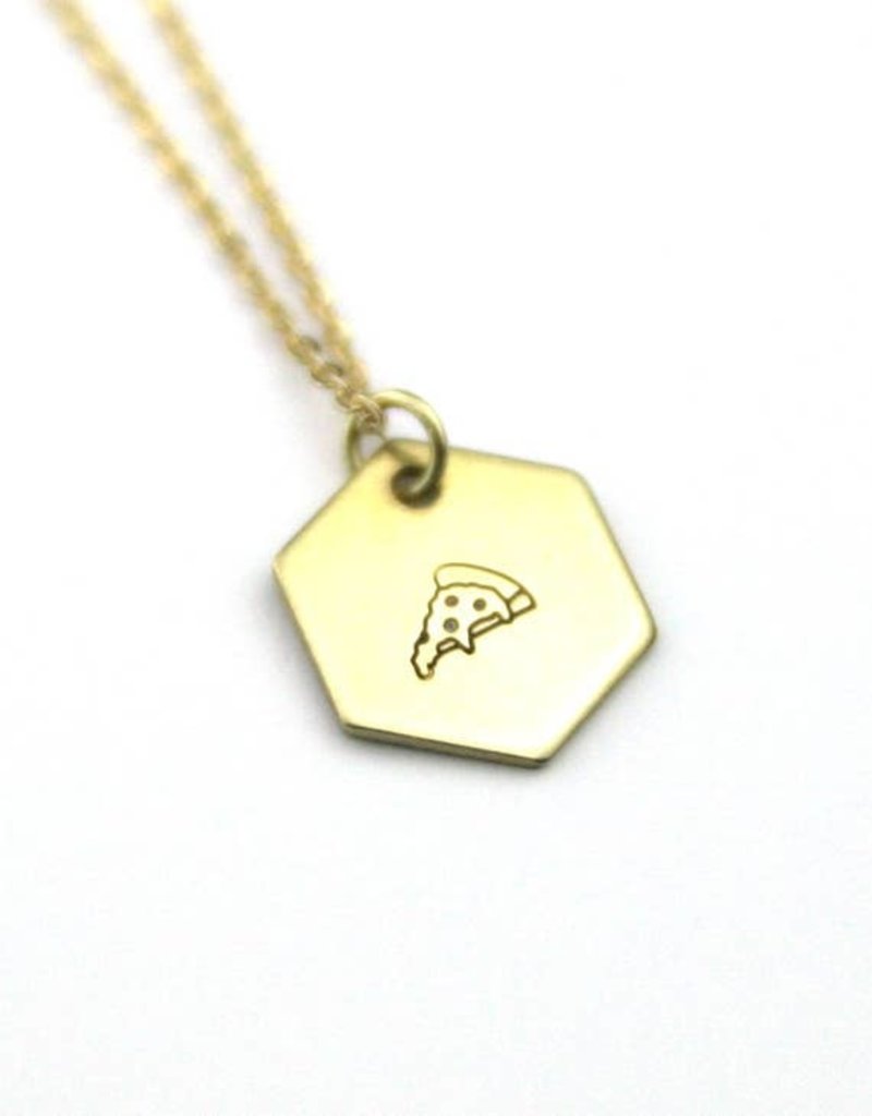 Peachtree Lane Pizza Brass Hand Stamped Hexagon Necklace