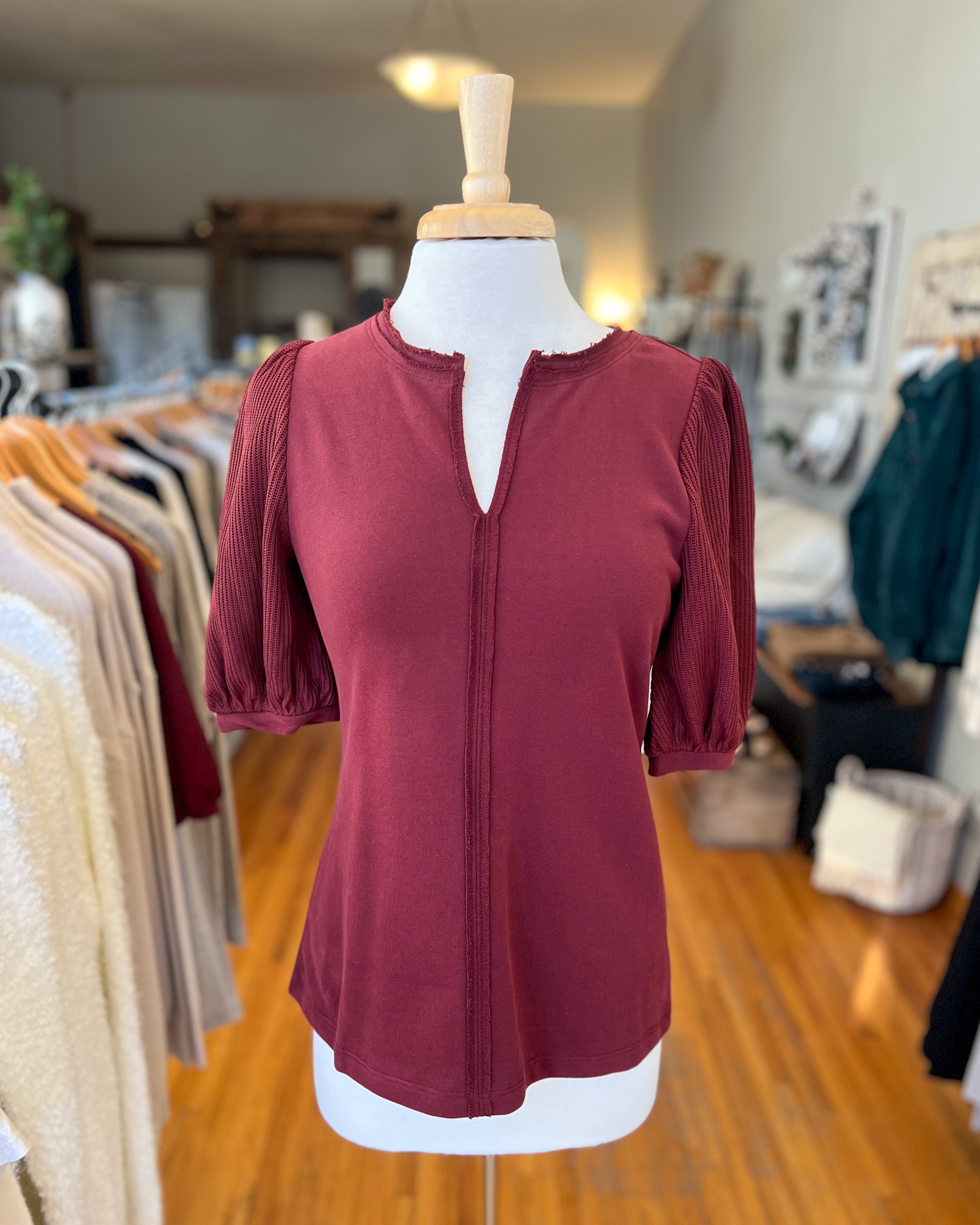 Della Puff Sleeve Top Burgundy Cedar Sage Boutique