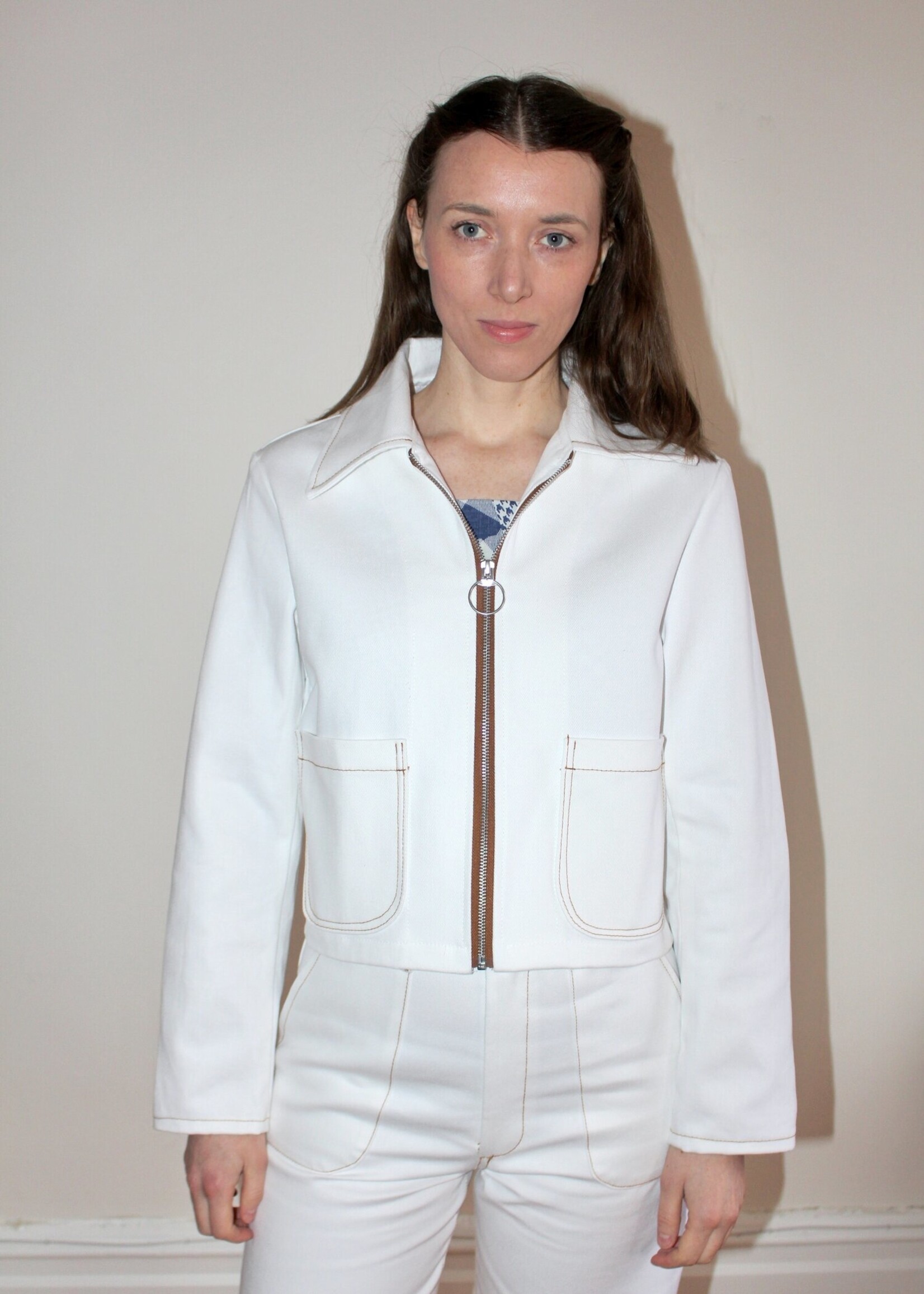 Studio Citizen Studio Citizen Zipper Jacket in White Denim with Brown Stitching